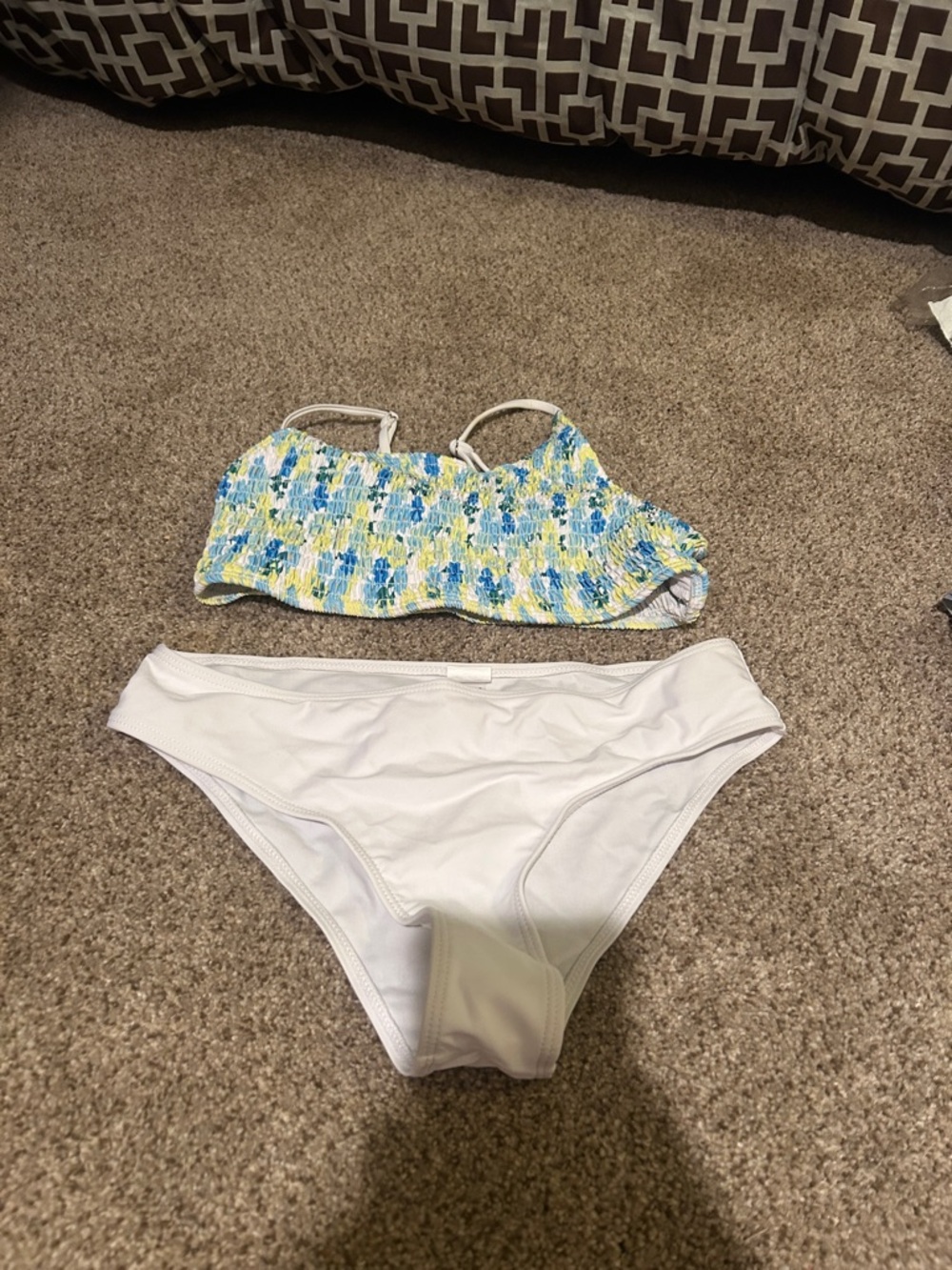 SHEIN Girls Smocked Bikini Set in White and Blue-Green Multi
